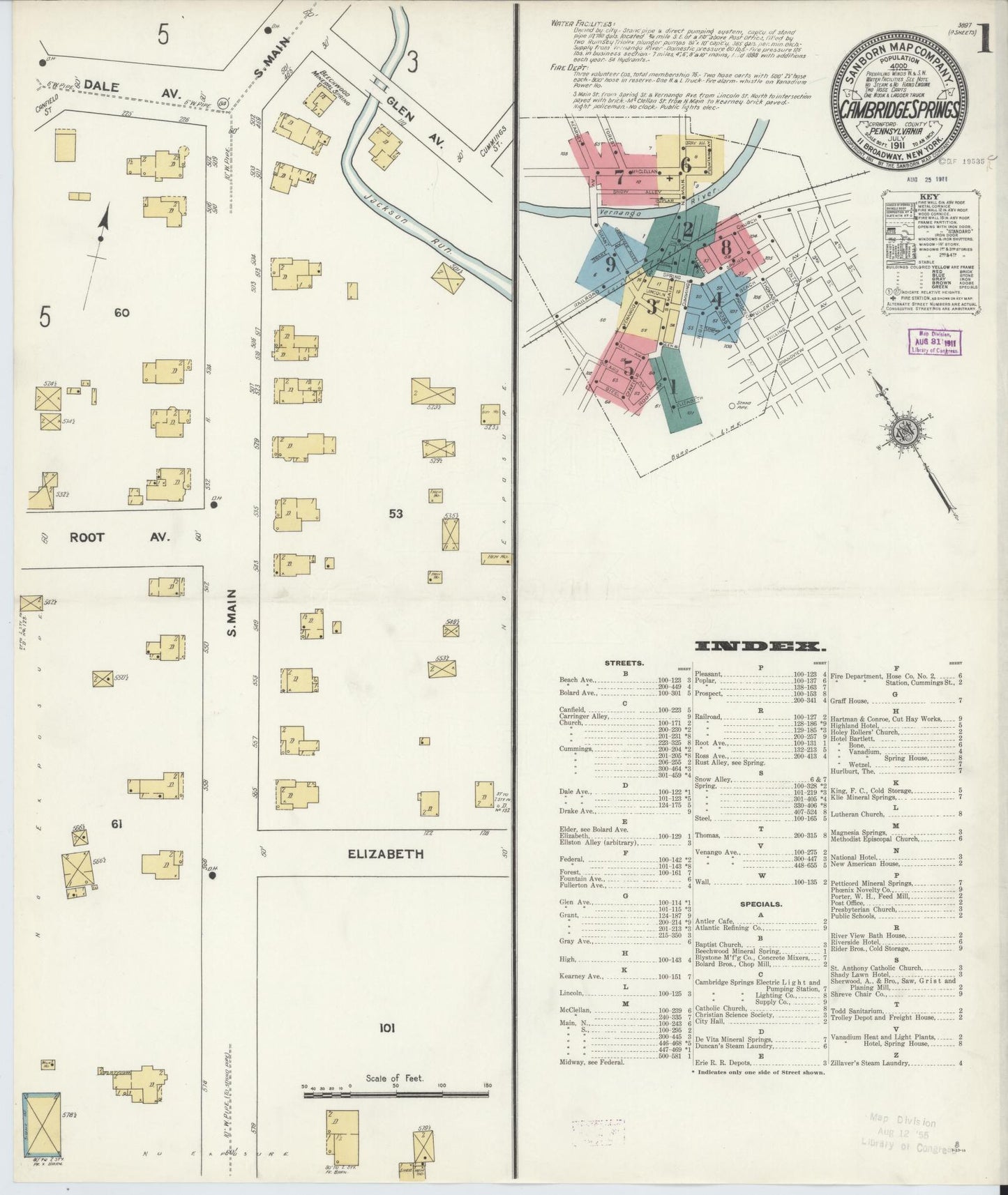 Sanborn Fire Insurance Map from Cambridge Springs, Crawford County, Pennsylvania (1911), Sheet #0001 - Historic Sanborn Fire Insurance Map Print, vintage old map wall art, antique decor, genealogy gift, Pennsylvania Pennsylvania map