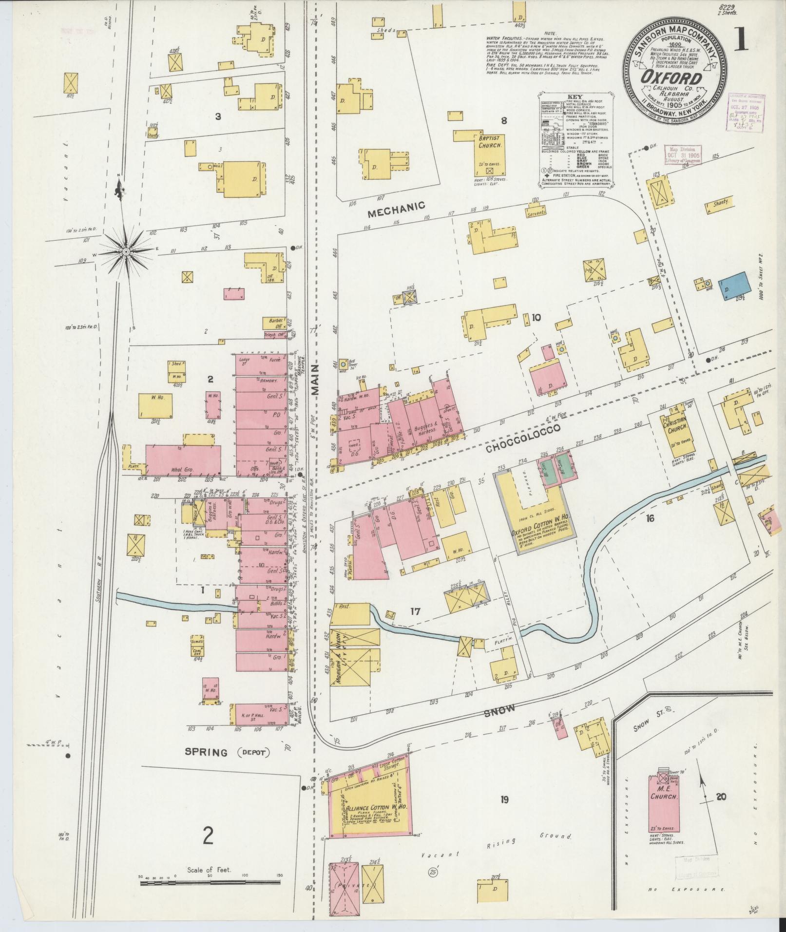 Sanborn Fire Insurance Map from Oxford, Calhoun County, Alabama (1905), Sheet #0001 - Historic Sanborn Fire Insurance Map Print, vintage old map wall art, antique decor, genealogy gift, Alabama Alabama map