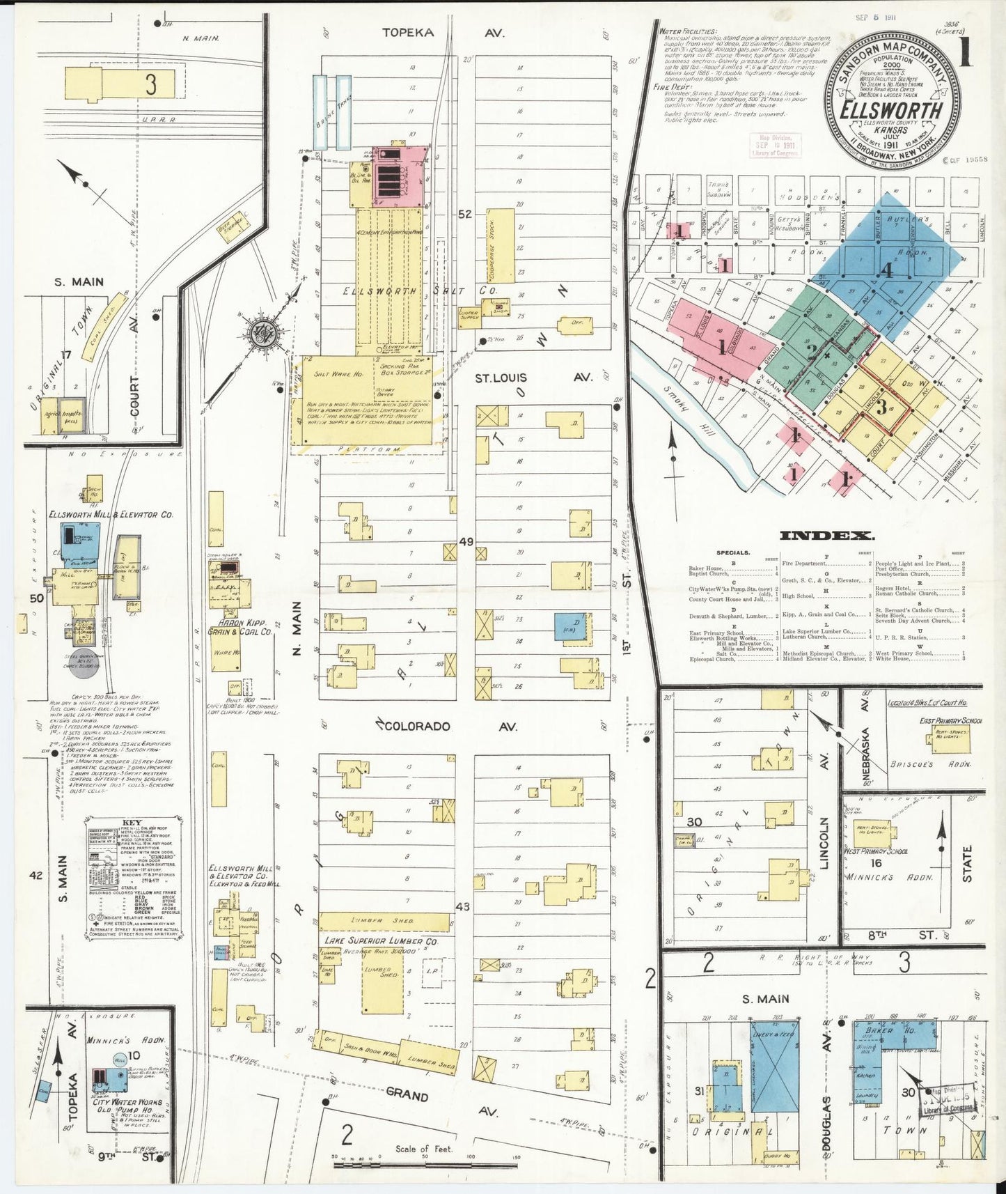 Sanborn Fire Insurance Map from Ellsworth, Ellsworth County, Kansas (1911), Sheet #0001 - Historic Sanborn Fire Insurance Map Print, vintage old map wall art, antique decor, genealogy gift, Kansas Kansas map