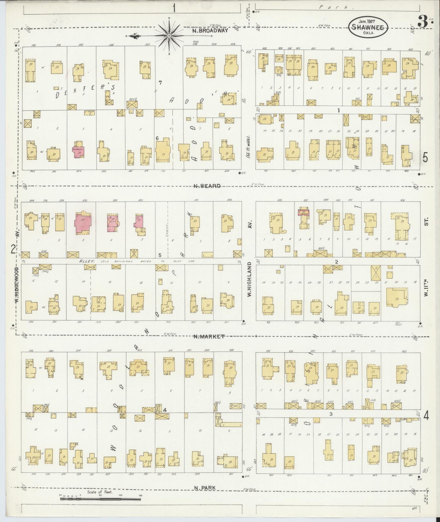 Sanborn Fire Insurance Map from Shawnee, Pottawatomie County, Oklahoma (1907), Sheet #0003 - Historic Sanborn Fire Insurance Map Print, vintage old map wall art, antique decor, genealogy gift, Oklahoma Oklahoma map