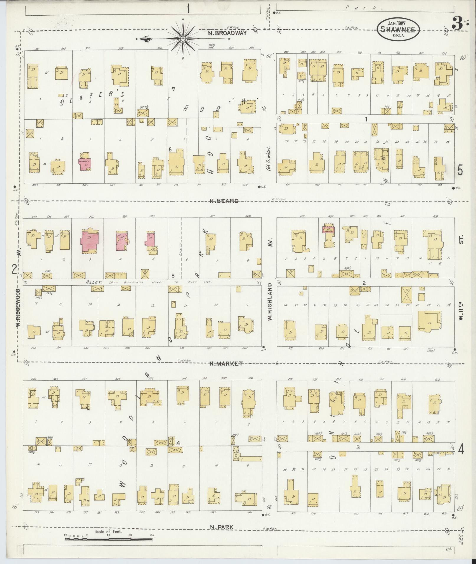 Sanborn Fire Insurance Map from Shawnee, Pottawatomie County, Oklahoma (1907), Sheet #0003 - Historic Sanborn Fire Insurance Map Print, vintage old map wall art, antique decor, genealogy gift, Oklahoma Oklahoma map