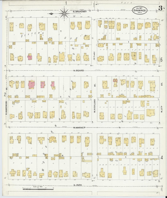 Sanborn Fire Insurance Map from Shawnee, Pottawatomie County, Oklahoma (1907), Sheet #0003 - Historic Sanborn Fire Insurance Map Print, vintage old map wall art, antique decor, genealogy gift, Oklahoma Oklahoma map