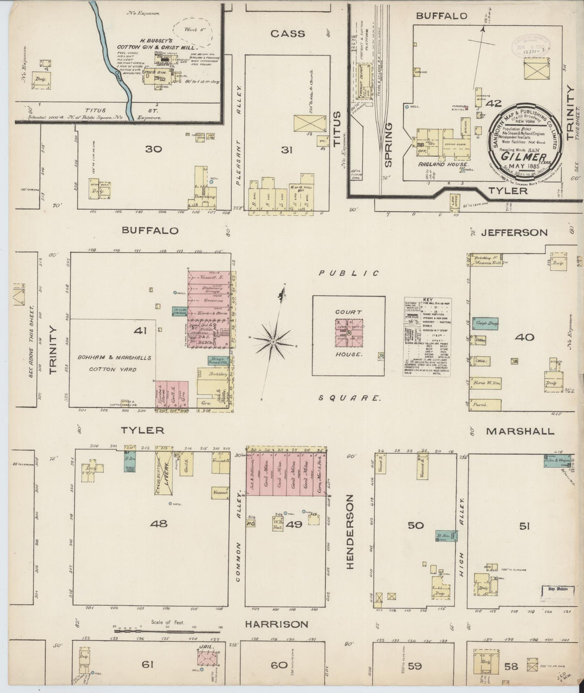 Sanborn Fire Insurance Map from Gilmer, Upshur County, Texas (1885), Sheet #0001 - Historic Sanborn Fire Insurance Map Print, vintage old map wall art, antique decor, genealogy gift, Texas Texas map