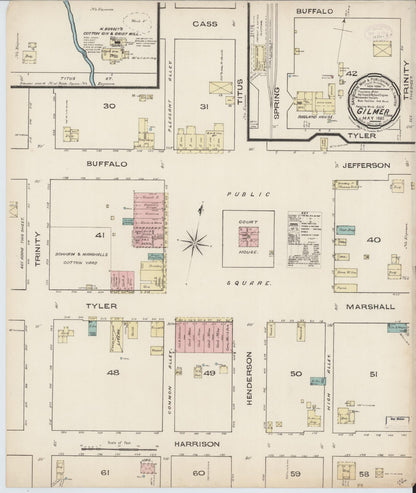 Sanborn Fire Insurance Map from Gilmer, Upshur County, Texas (1885), Sheet #0001 - Historic Sanborn Fire Insurance Map Print, vintage old map wall art, antique decor, genealogy gift, Texas Texas map