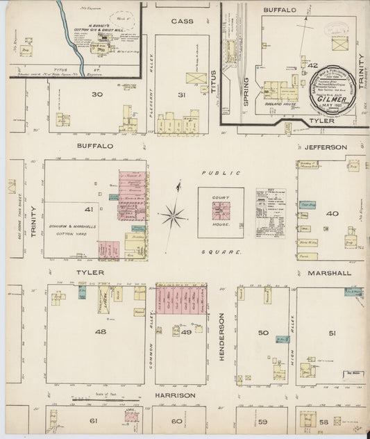 Sanborn Fire Insurance Map from Gilmer, Upshur County, Texas (1885), Sheet #0001 - Historic Sanborn Fire Insurance Map Print, vintage old map wall art, antique decor, genealogy gift, Texas Texas map