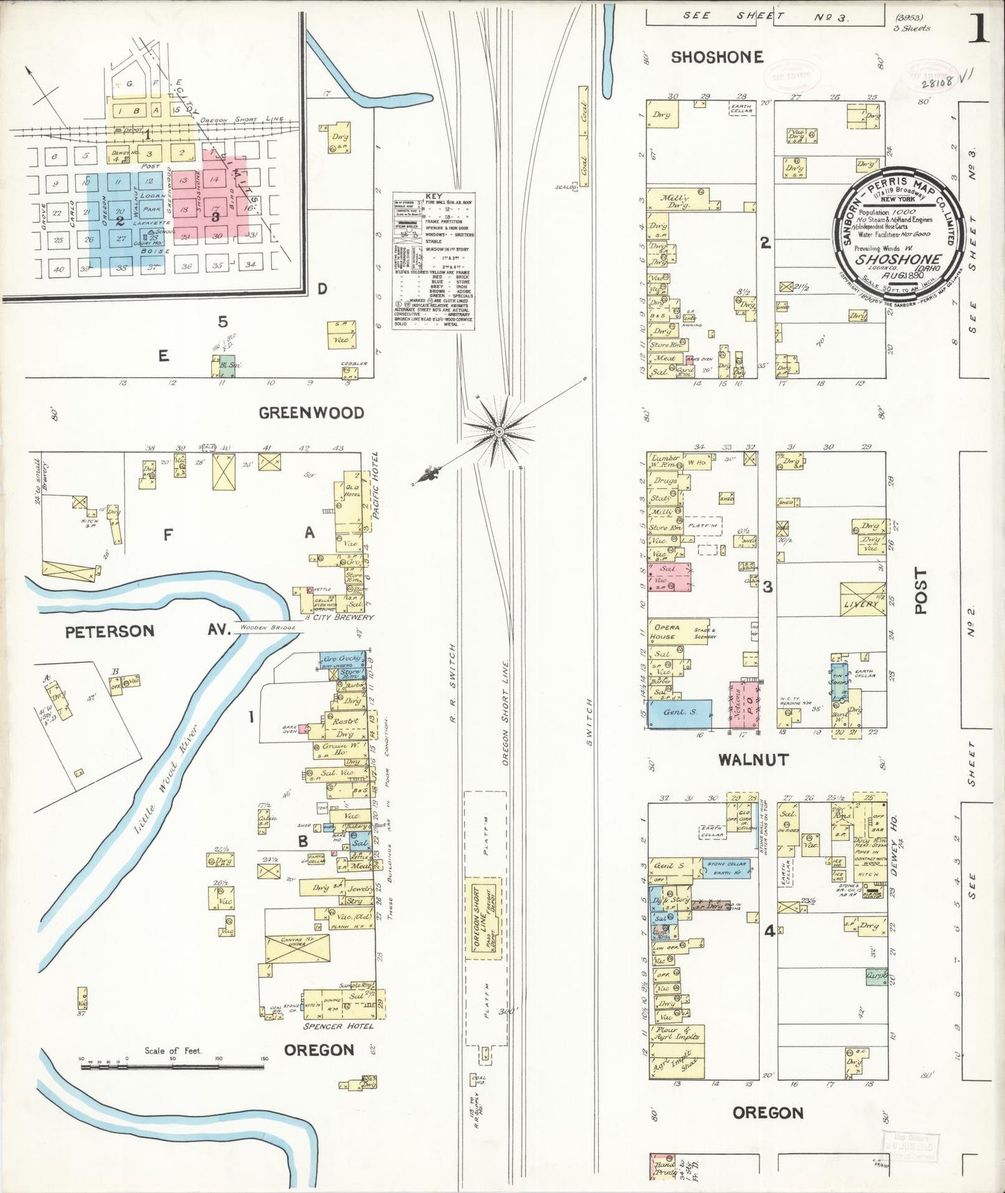 Sanborn Fire Insurance Map from Shoshone, Lincoln County, Idaho (1890), Sheet #0001 - Complete Map Set gallery image, historic Sanborn map, vintage wall art, Idaho Idaho