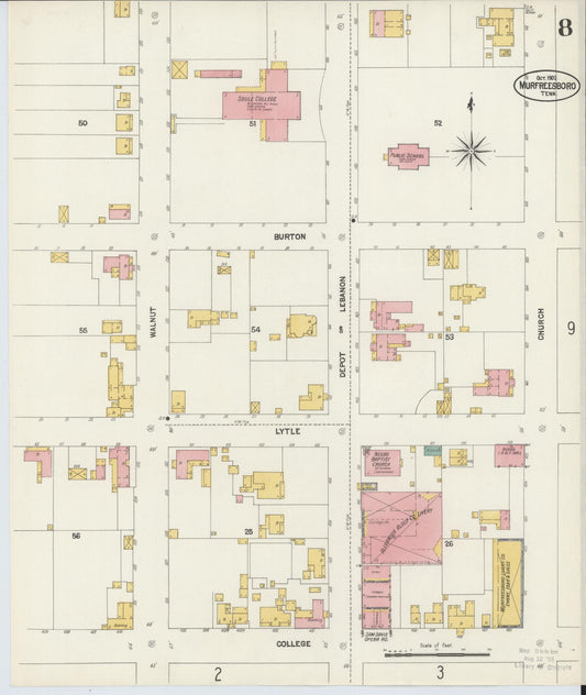 Sanborn Fire Insurance Map from Murfreesboro, Rutherford County, Tennessee (1902), Sheet #0008 - Historic Sanborn Fire Insurance Map Print, vintage old map wall art, antique decor, genealogy gift, Tennessee Tennessee map