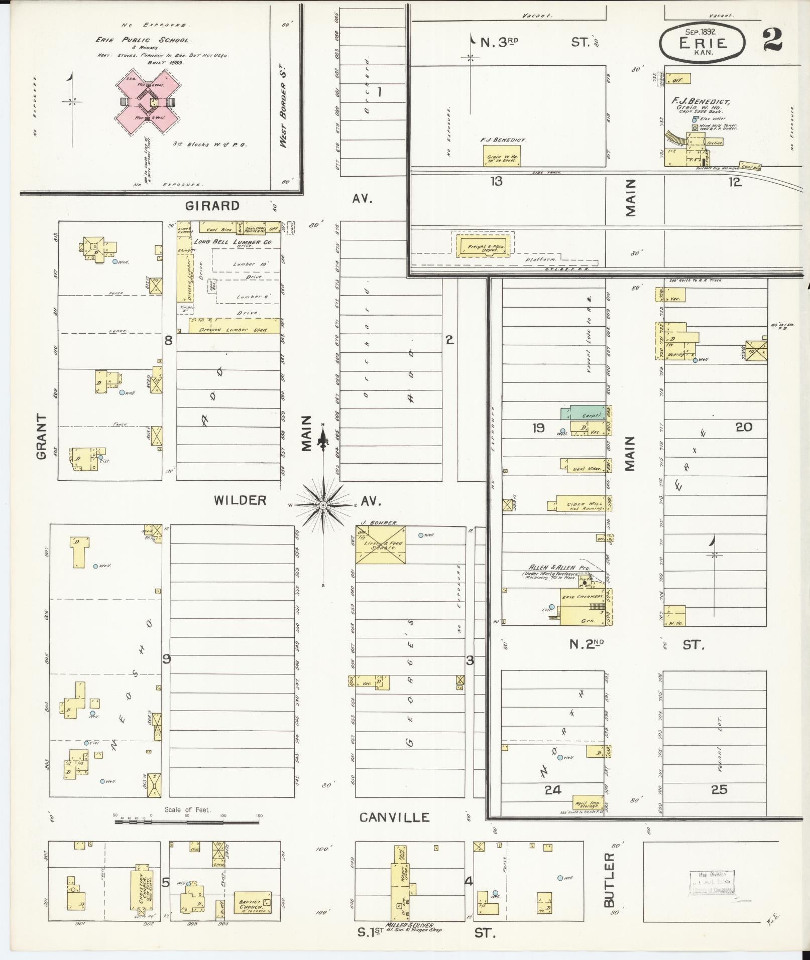 Sanborn Fire Insurance Map from Erie, Neosho County, Kansas (1892), Sheet #0002 - Historic Sanborn Fire Insurance Map Print, vintage old map wall art, antique decor, genealogy gift, Kansas Kansas map