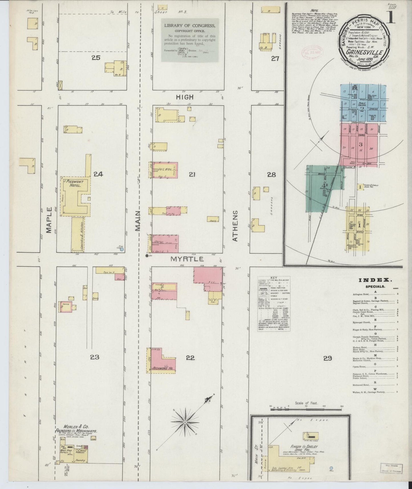 Sanborn Fire Insurance Map from Gainesville, Hall County, Georgia (1893), Sheet #0001 - Complete Map Set gallery image, historic Sanborn map, vintage wall art, Georgia Georgia