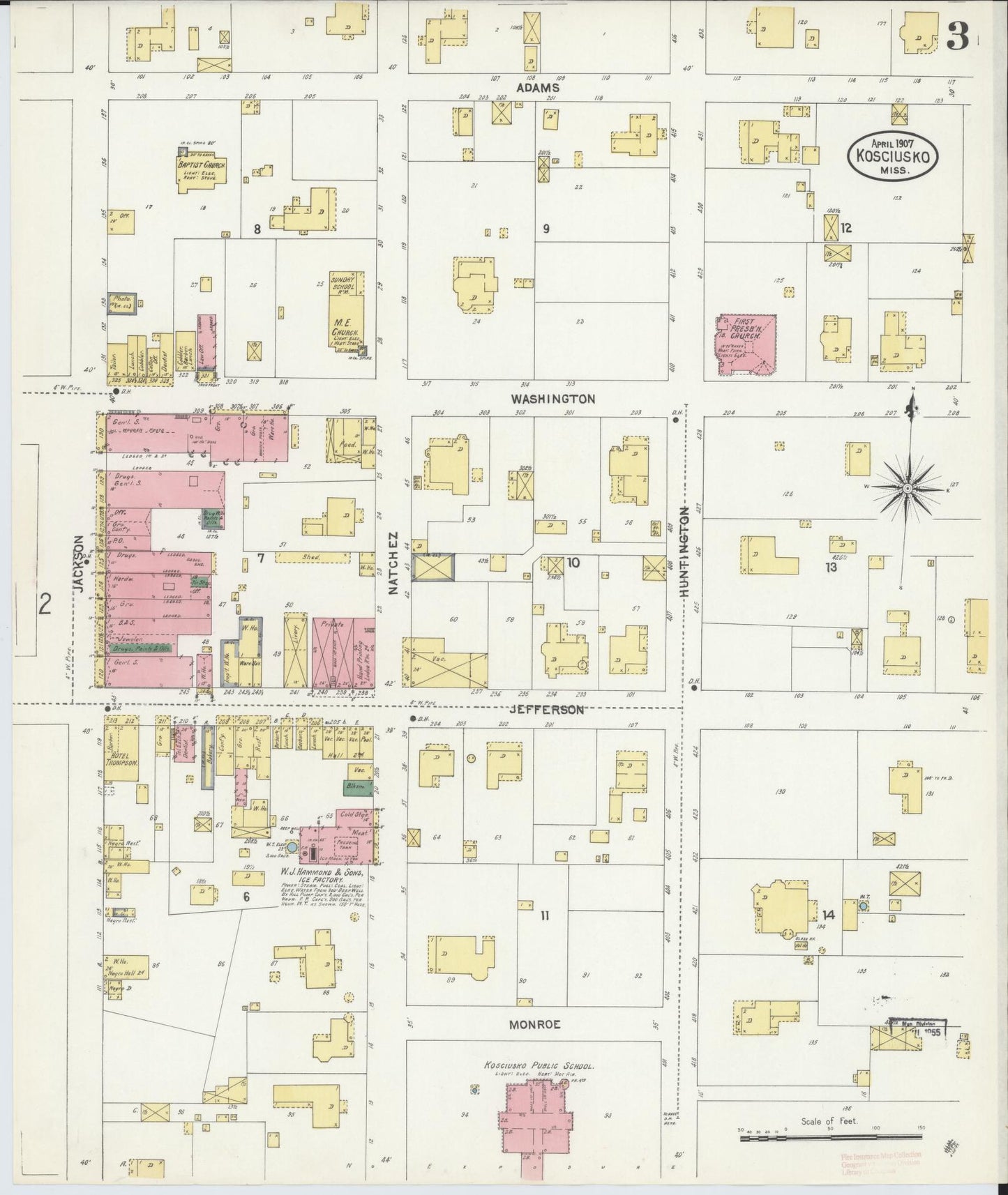 Sanborn Fire Insurance Map from Kosciusko, Attala County, Mississippi (1907), Sheet #0003 - Historic Sanborn Fire Insurance Map Print, vintage old map wall art, antique decor, genealogy gift, Mississippi Mississippi map