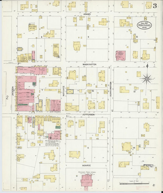 Sanborn Fire Insurance Map from Kosciusko, Attala County, Mississippi (1907), Sheet #0003 - Historic Sanborn Fire Insurance Map Print, vintage old map wall art, antique decor, genealogy gift, Mississippi Mississippi map