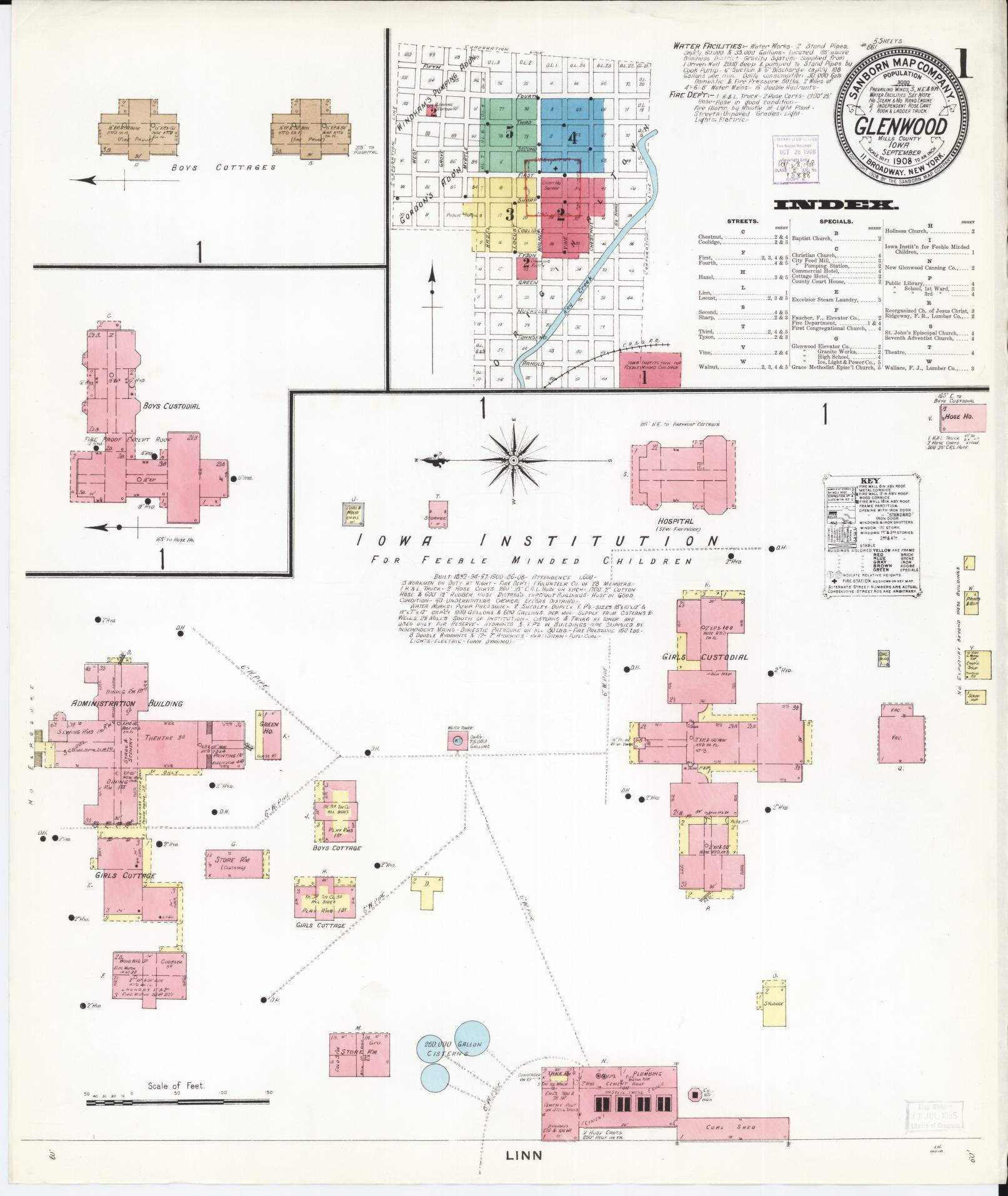 Sanborn Fire Insurance Map from Glenwood, Mills County, Iowa (1908), Sheet #0001 - Historic Sanborn Fire Insurance Map Print, vintage old map wall art