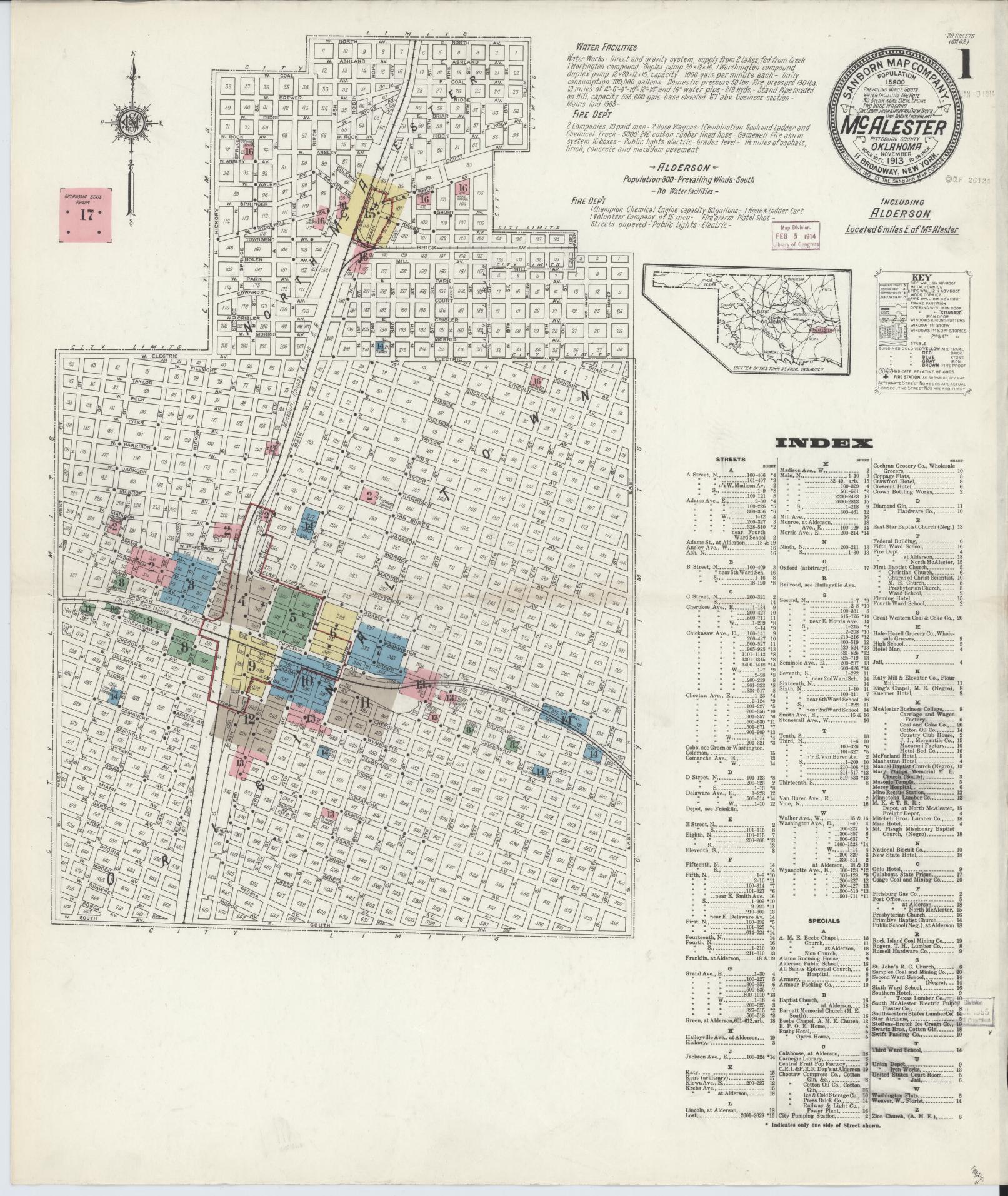 Sanborn Fire Insurance Map from McAlester, Pittsburg County, Oklahoma (1913), Sheet #0001 - Historic Sanborn Fire Insurance Map Print, vintage old map wall art, antique decor, genealogy gift, Oklahoma Oklahoma map