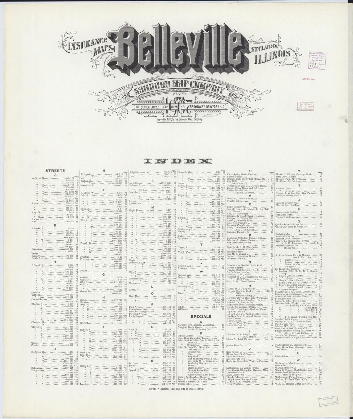 Sanborn Fire Insurance Map from Belleville, Saint Clair County, Illinois (1907), Sheet #0001 - Historic Sanborn Fire Insurance Map Print, vintage old map wall art, antique decor, genealogy gift, Illinois Illinois map