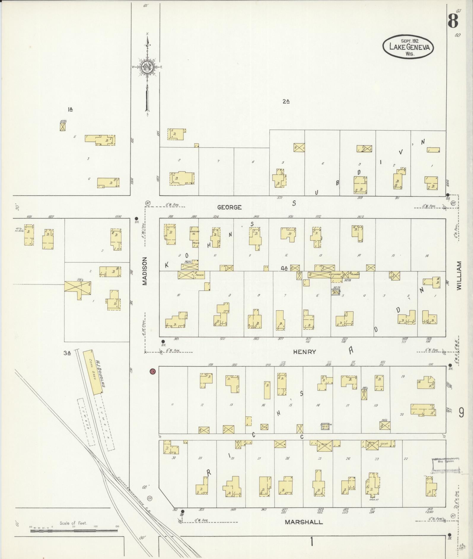 Sanborn Fire Insurance Map from Lake Geneva, Walworth County, Wisconsin (1912), Sheet #0008 - Historic Sanborn Fire Insurance Map Print, vintage old map wall art, antique decor, genealogy gift, Wisconsin Wisconsin map