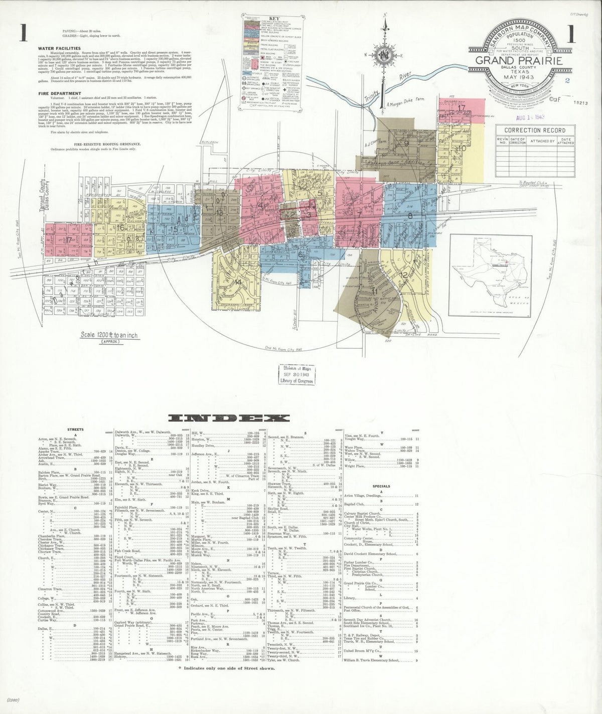 Sanborn Fire Insurance Map from Grand Prairie, Dallas County, Texas (1943), Sheet #0001 - Historic Sanborn Fire Insurance Map Print, vintage old map wall art, antique decor, genealogy gift, Texas Texas map