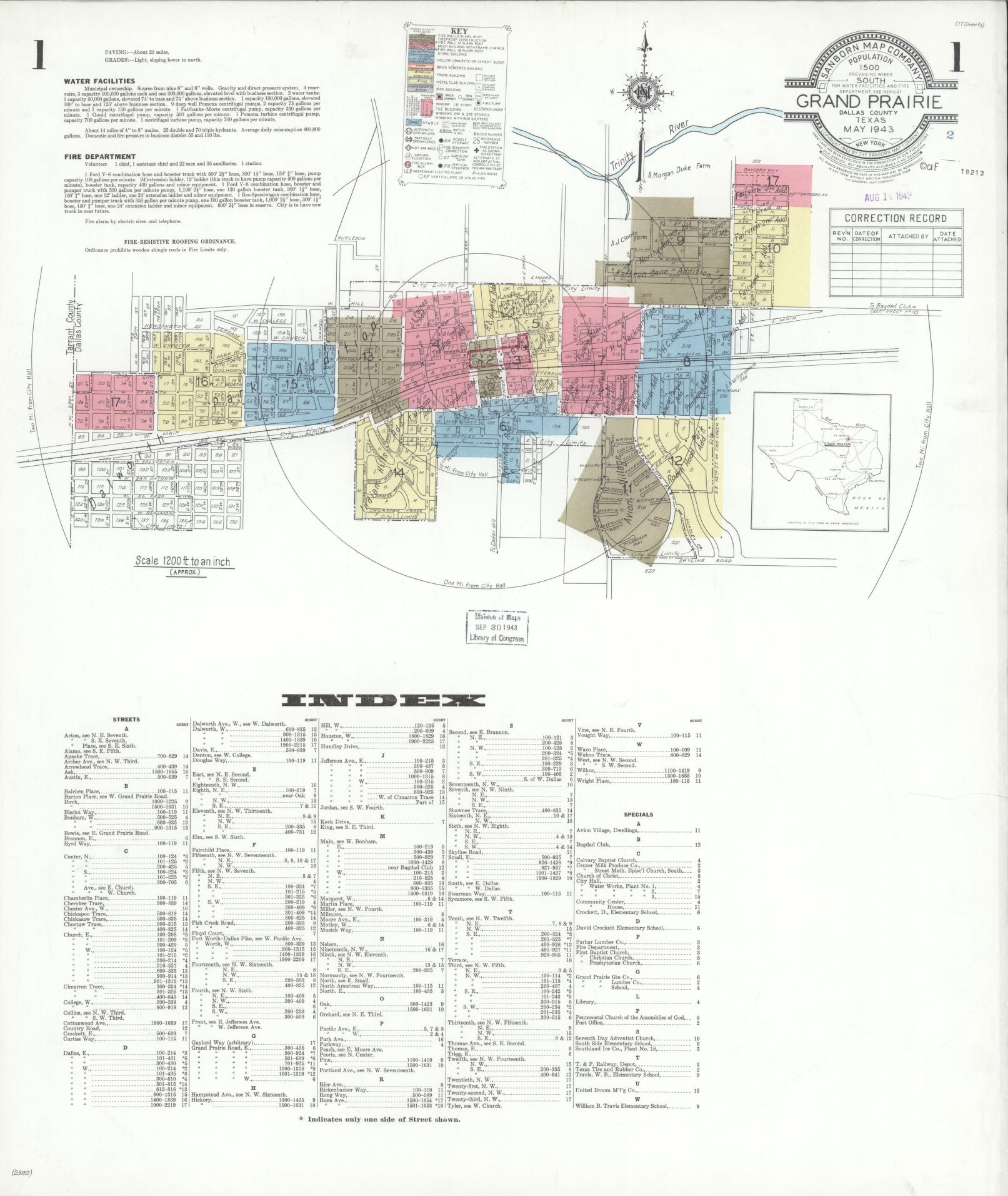 Sanborn Fire Insurance Map from Grand Prairie, Dallas County, Texas (1943), Sheet #0001 - Historic Sanborn Fire Insurance Map Print, vintage old map wall art, antique decor, genealogy gift, Texas Texas map