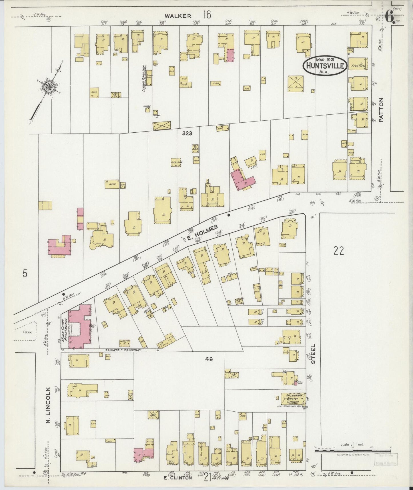 Sanborn Fire Insurance Map from Huntsville, Madison County, Alabama (1921), Sheet #0006 - Historic Sanborn Fire Insurance Map Print, vintage old map wall art, antique decor, genealogy gift, Alabama Alabama map