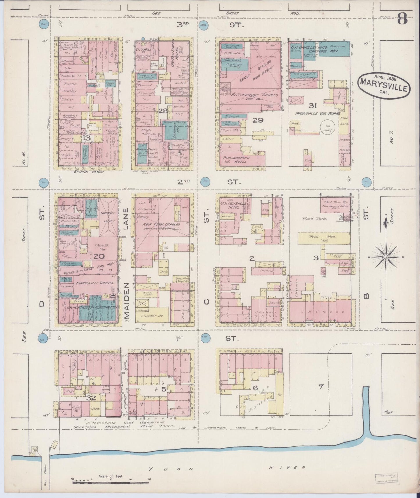 Sanborn Fire Insurance Map from Marysville, Yuba County, California (1885), Sheet #0008 - Historic Sanborn Fire Insurance Map Print, vintage old map wall art, antique decor, genealogy gift, California California map