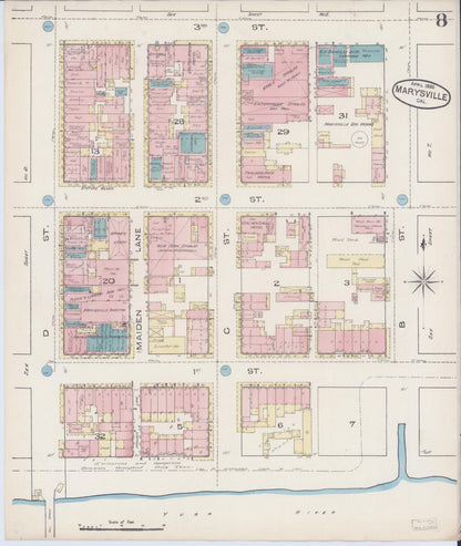 Sanborn Fire Insurance Map from Marysville, Yuba County, California (1885), Sheet #0008 - Historic Sanborn Fire Insurance Map Print, vintage old map wall art, antique decor, genealogy gift, California California map