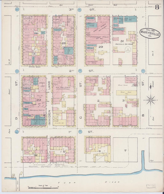 Sanborn Fire Insurance Map from Marysville, Yuba County, California (1885), Sheet #0008 - Historic Sanborn Fire Insurance Map Print, vintage old map wall art, antique decor, genealogy gift, California California map