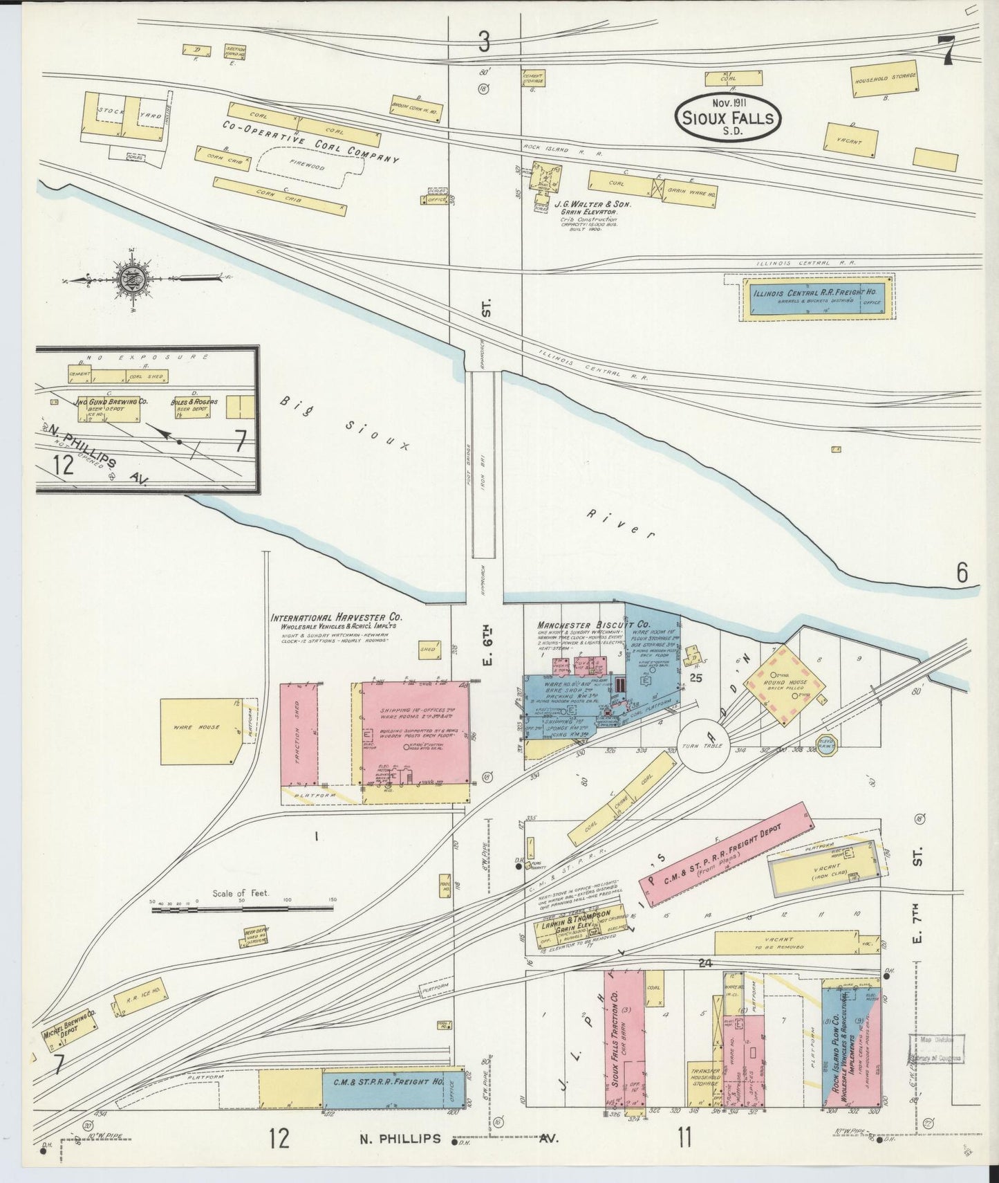 Sanborn Fire Insurance Map from Sioux Falls, Minnehaha County, South Dakota (1911), Sheet #0007 - Historic Sanborn Fire Insurance Map Print, vintage old map wall art, antique decor, genealogy gift, South Dakota South Dakota map
