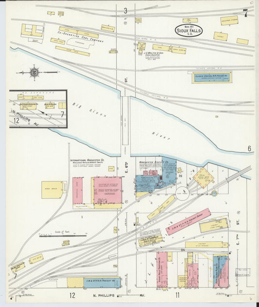 Sanborn Fire Insurance Map from Sioux Falls, Minnehaha County, South Dakota (1911), Sheet #0007 - Historic Sanborn Fire Insurance Map Print, vintage old map wall art, antique decor, genealogy gift, South Dakota South Dakota map