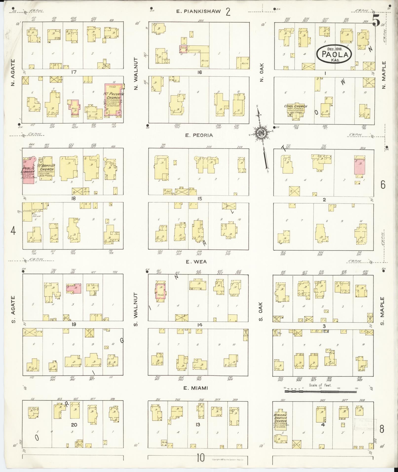 Sanborn Fire Insurance Map from Paola, Miami County, Kansas (1916), Sheet #0005 - Complete Map Set gallery image, historic Sanborn map, vintage wall art, Kansas Kansas