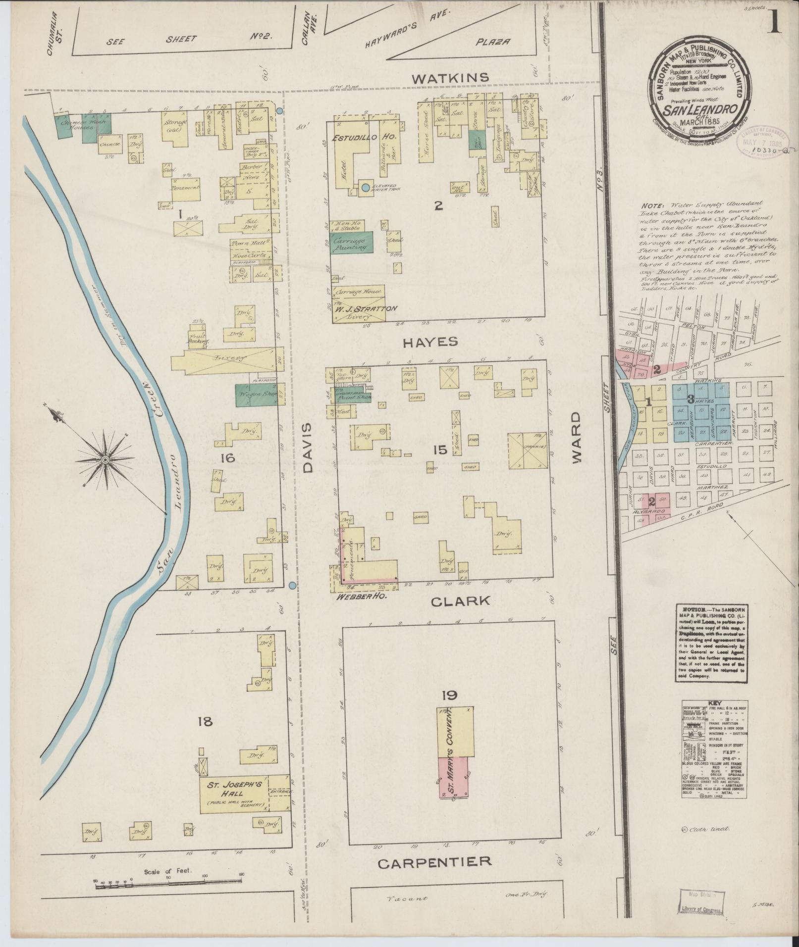 Sanborn Fire Insurance Map from San Leandro, Alameda County, California (1885), Sheet #0001 - Complete Map Set gallery image, historic Sanborn map, vintage wall art, California California
