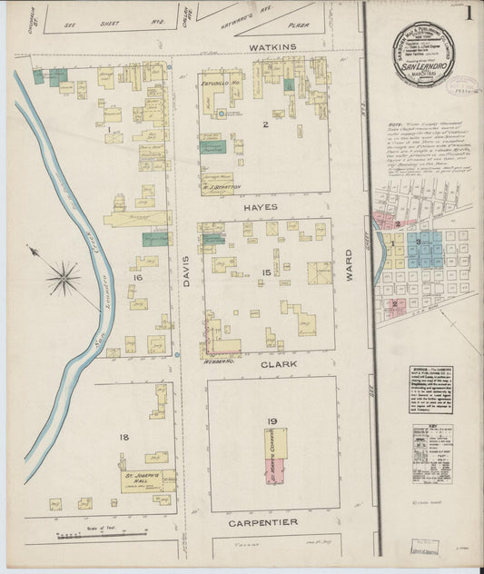 Sanborn Fire Insurance Map from San Leandro, Alameda County, California (1885), Sheet #0001 - Complete Map Set gallery image, historic Sanborn map, vintage wall art, California California