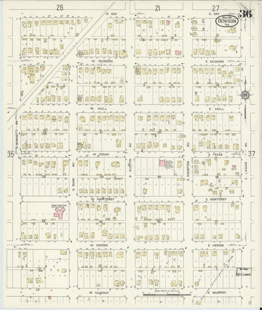 Sanborn Fire Insurance Map from Denison, Grayson County, Texas (1914), Sheet #0036 - Historic Sanborn Fire Insurance Map Print, vintage old map wall art, antique decor, genealogy gift, Texas Texas map