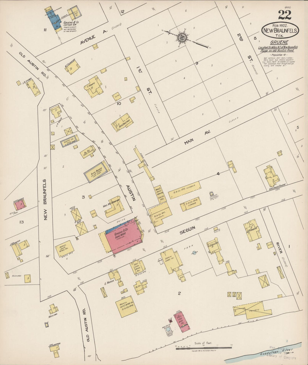 Sanborn Fire Insurance Map from New Braunfels, Comal County, Texas (1922), Sheet #0022 - Historic Sanborn Fire Insurance Map Print, vintage old map wall art, antique decor, genealogy gift, Texas Texas map
