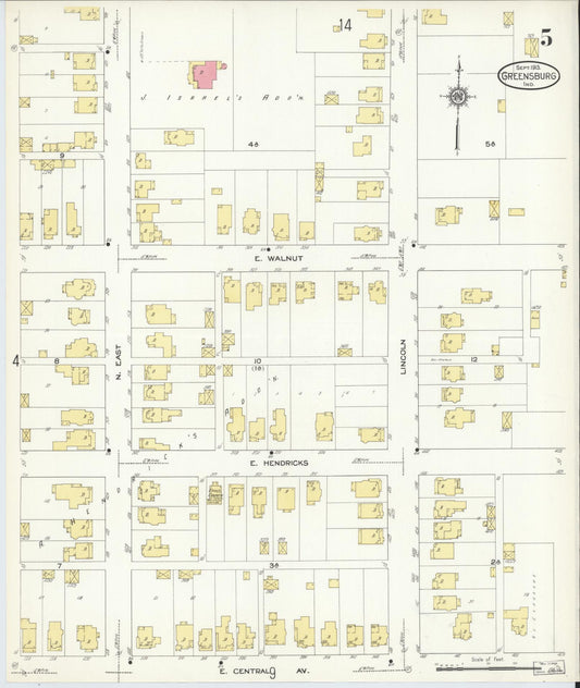 Sanborn Fire Insurance Map from Greensburg, Decatur County, Indiana (1913), Sheet #0005 - Historic Sanborn Fire Insurance Map Print, vintage old map wall art, antique decor, genealogy gift, Indiana Indiana map