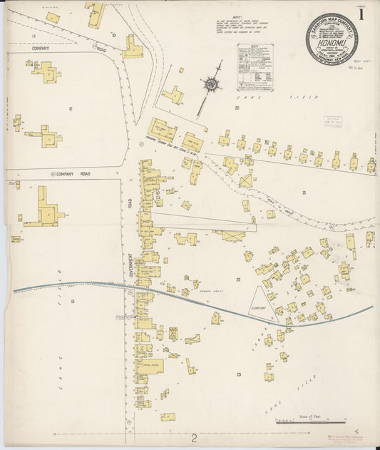 Sanborn Fire Insurance Map from Honomu, Hawaii County, Hawaii (1914), Sheet #0001 - Historic Sanborn Fire Insurance Map Print, vintage old map wall art, antique decor, genealogy gift, Honomu Hawaii map