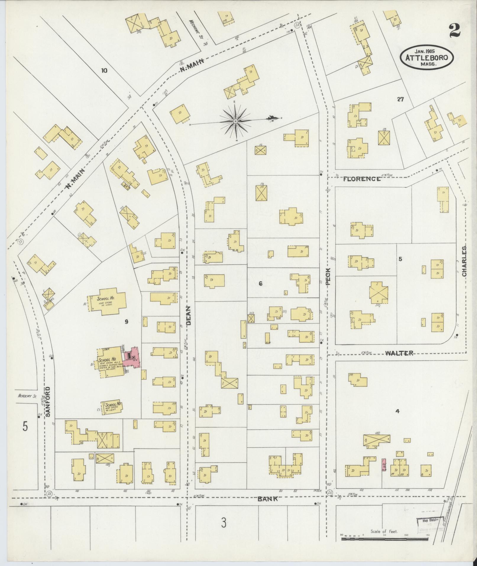 Sanborn Fire Insurance Map from Attleboro, Bristol County, Massachusetts (1905), Sheet #0002 - Historic Sanborn Fire Insurance Map Print, vintage old map wall art, antique decor, genealogy gift, Massachusetts Massachusetts map
