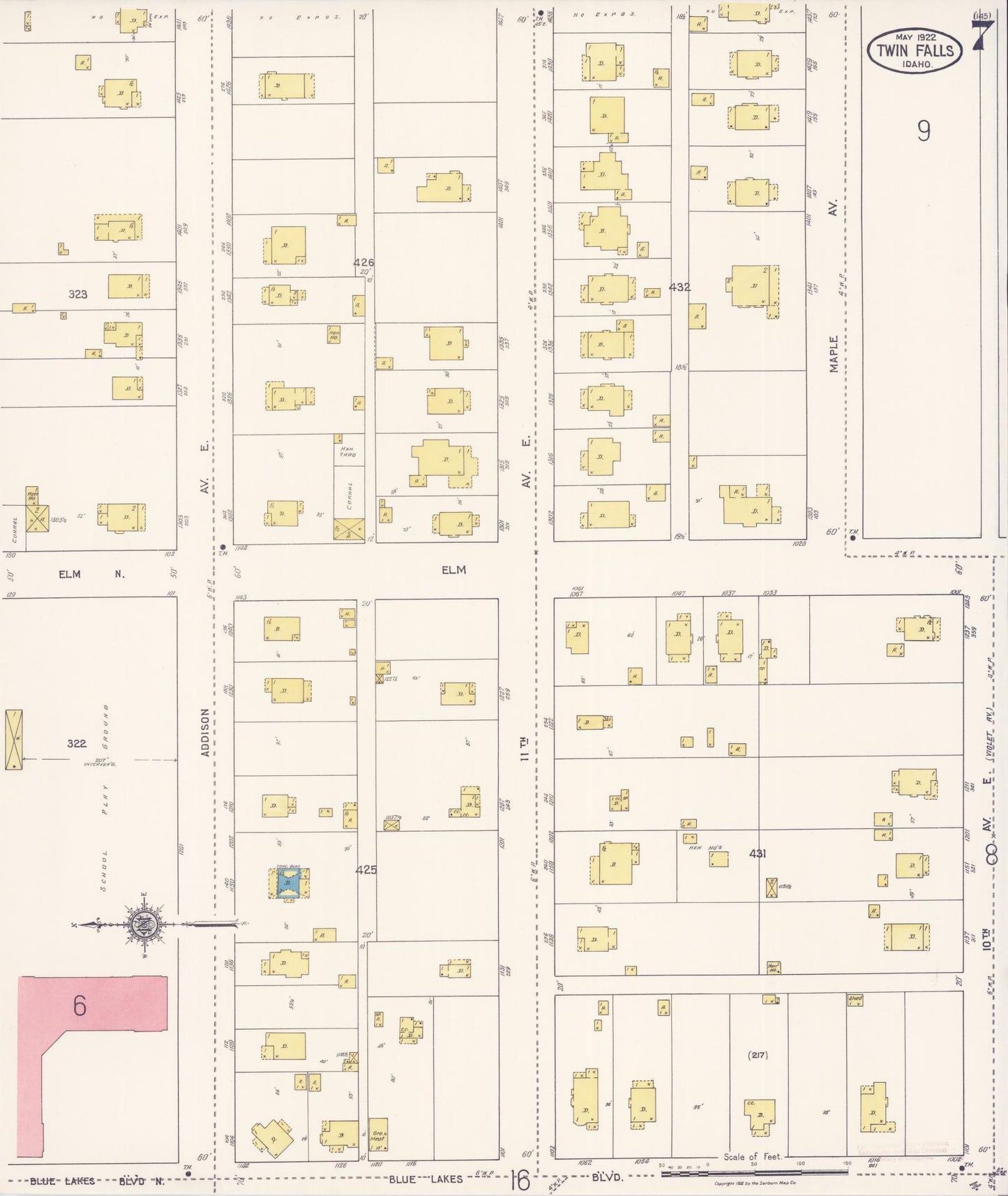 Sanborn Fire Insurance Map from Twin Falls, Twin Falls County, Idaho (1922), Sheet #0007 - Complete Map Set gallery image, historic Sanborn map, vintage wall art, Falls Idaho
