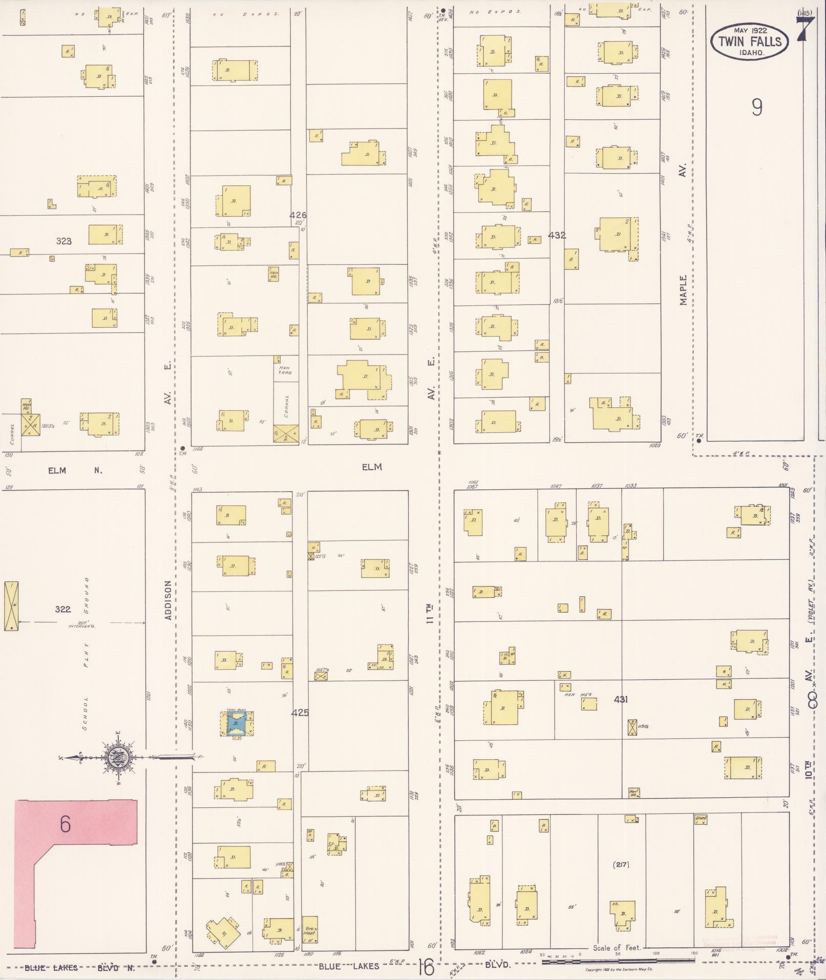 Sanborn Fire Insurance Map from Twin Falls, Twin Falls County, Idaho (1922), Sheet #0007 - Complete Map Set gallery image, historic Sanborn map, vintage wall art, Falls Idaho