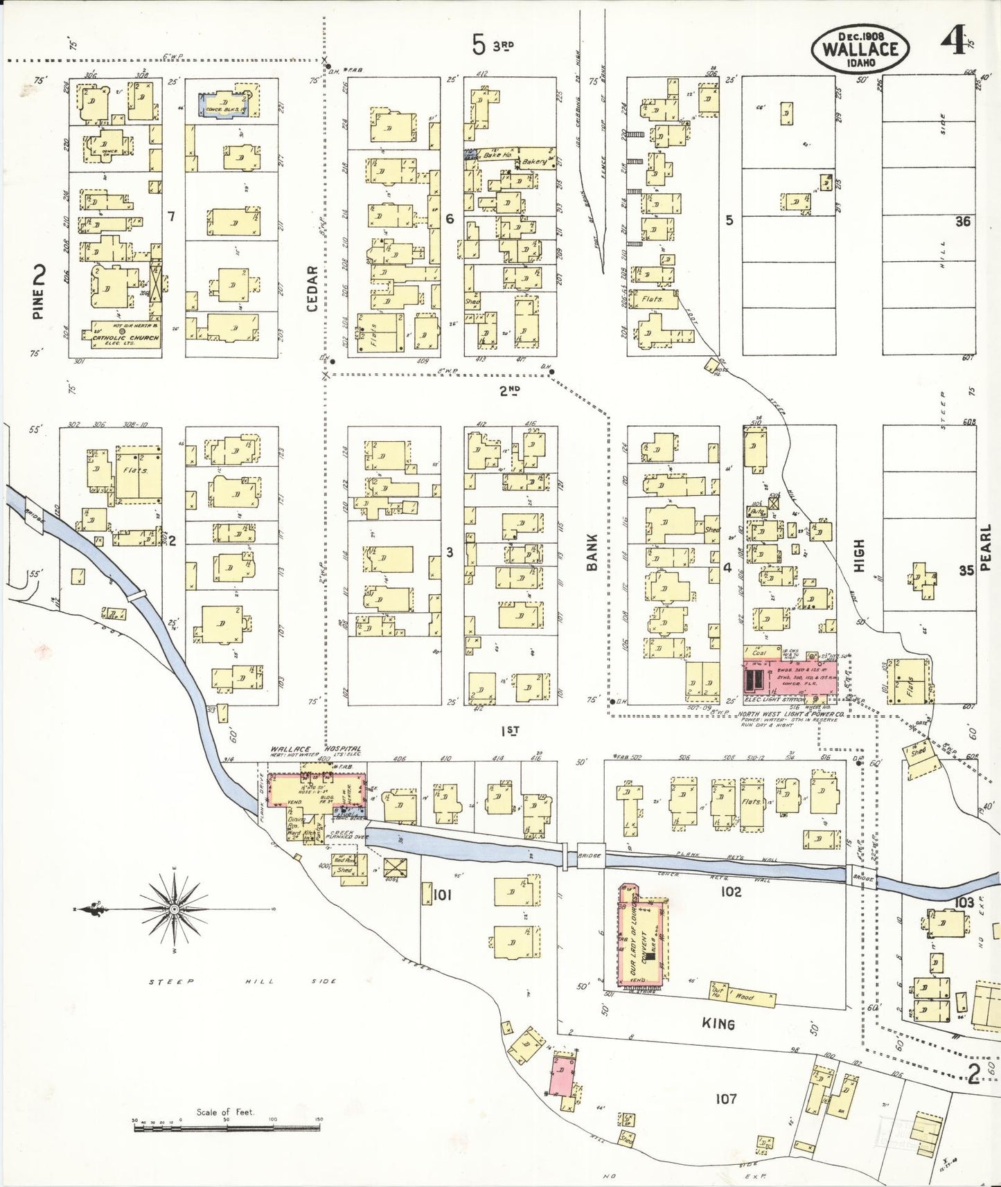 Sanborn Fire Insurance Map from Wallace, Shoshone County, Idaho (1908), Sheet #0004 - Historic Sanborn Fire Insurance Map Print, vintage old map wall art, antique decor, genealogy gift, Idaho Idaho map