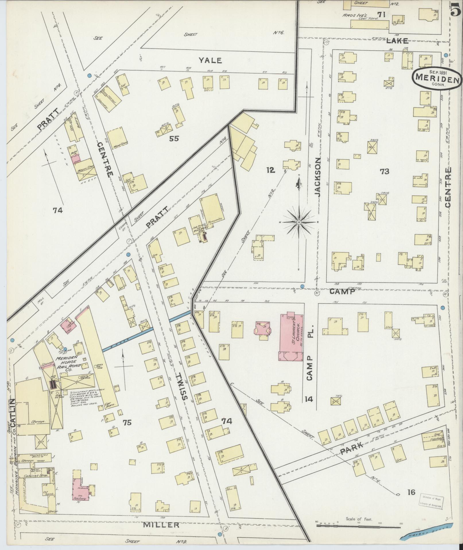 Sanborn Fire Insurance Map from Meriden, New Haven County, Connecticut (1891), Sheet #0005 - Complete Map Set gallery image, historic Sanborn map, vintage wall art, Connecticut Connecticut