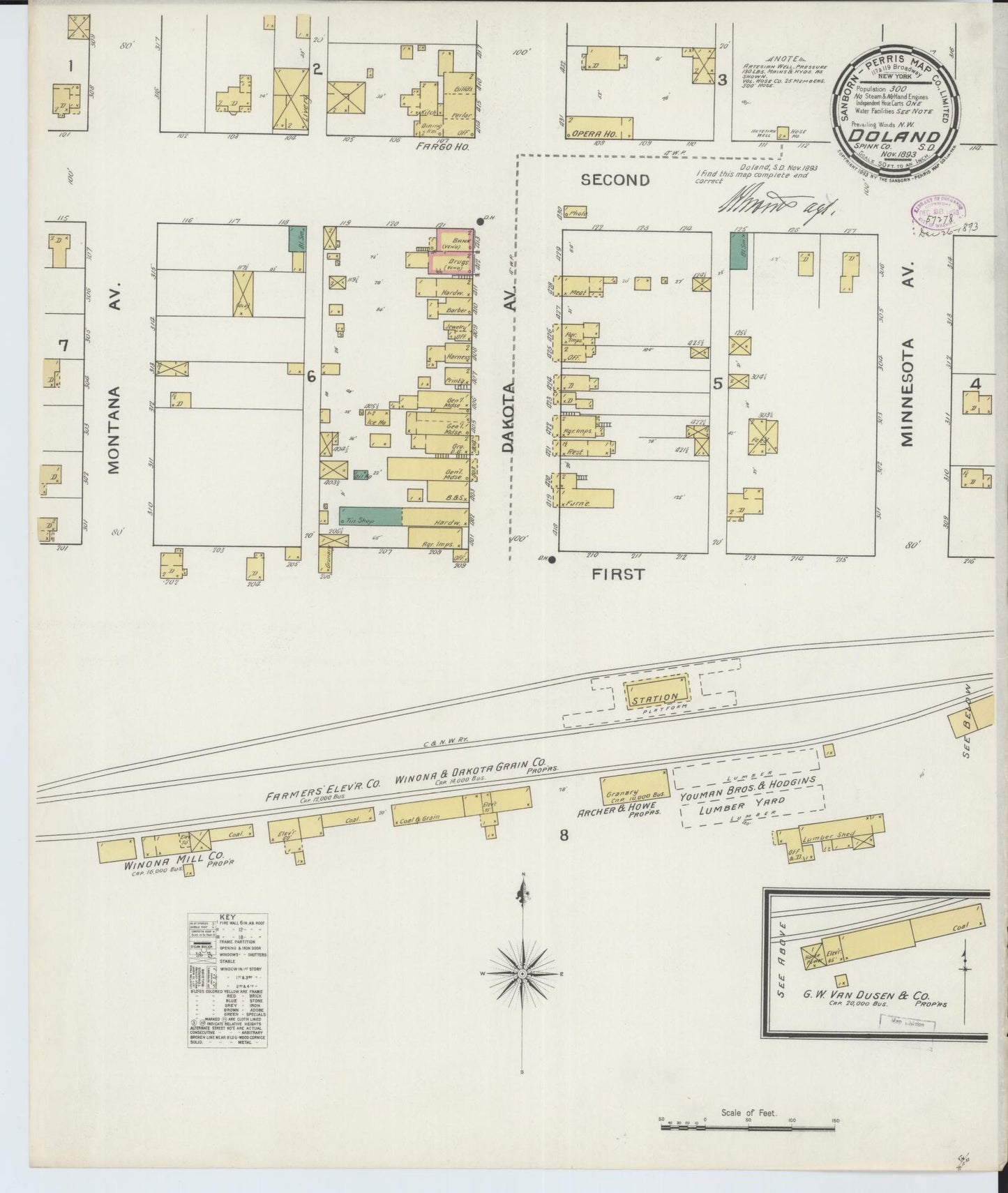 Sanborn Fire Insurance Map from Doland, Spink County, South Dakota (1893), Sheet #0001 - Historic Sanborn Fire Insurance Map Print, vintage old map wall art, antique decor, genealogy gift, South Dakota South Dakota map