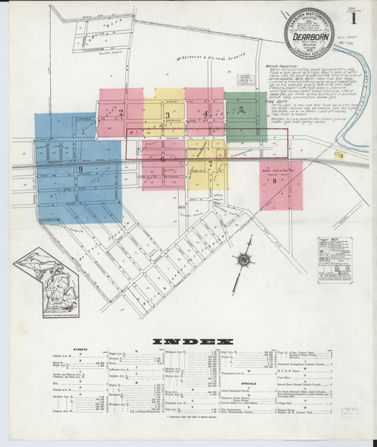 Sanborn Fire Insurance Map from Dearborn, Wayne County, Michigan (1919), Sheet #0001 - Historic Sanborn Fire Insurance Map Print, vintage old map wall art, antique decor, genealogy gift, Michigan Michigan map
