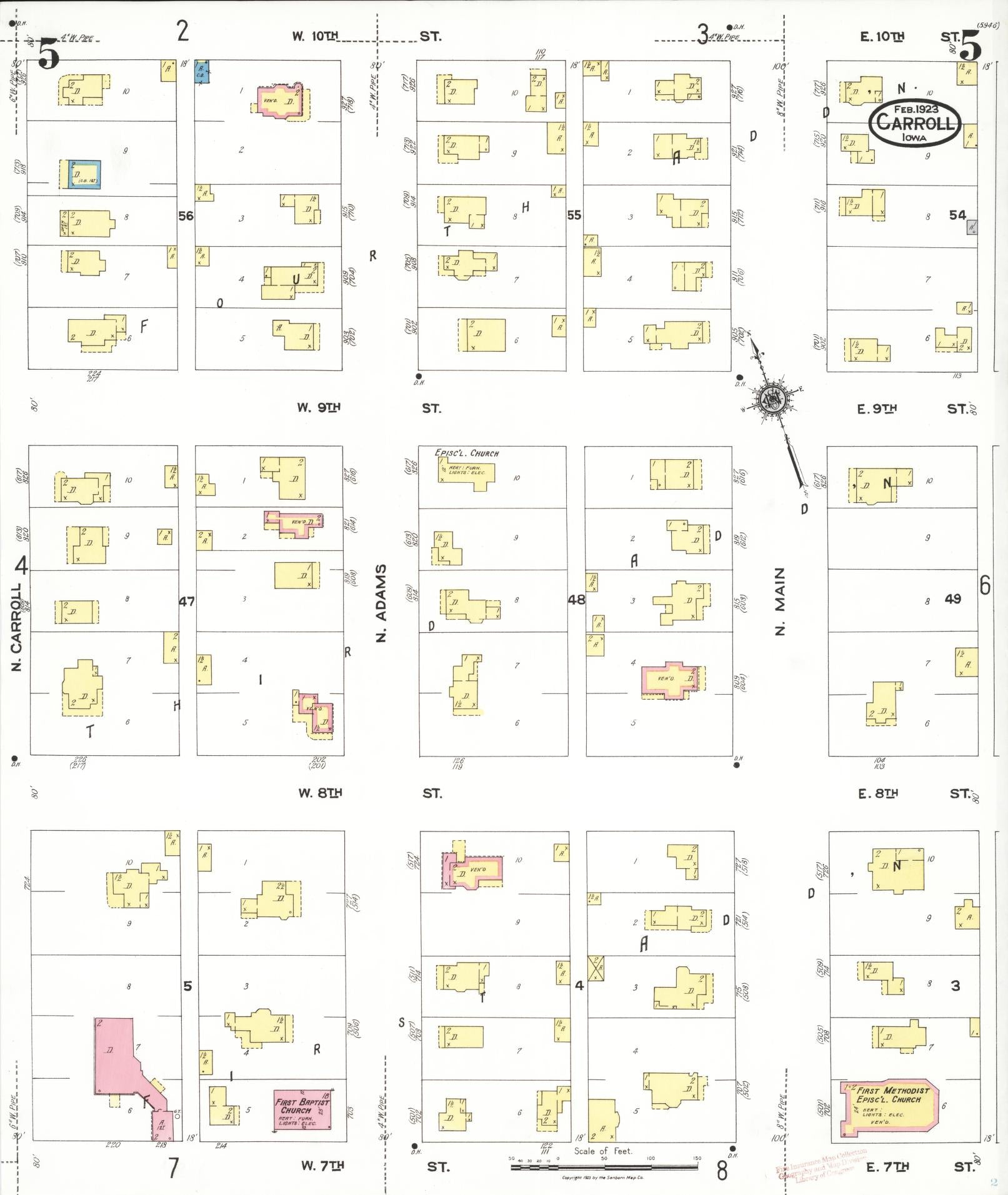Sanborn Fire Insurance Map from Carroll, Carroll County, Iowa (1923), Sheet #0005 - Historic Sanborn Fire Insurance Map Print, vintage old map wall art