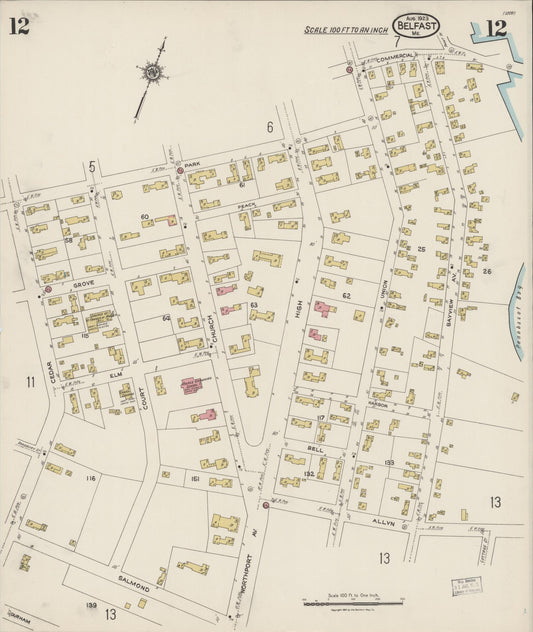 Sanborn Fire Insurance Map from Belfast, Waldo County, Maine (1923), Sheet #0012 - Historic Sanborn Fire Insurance Map Print, vintage old map wall art, antique decor, genealogy gift, Maine Maine map