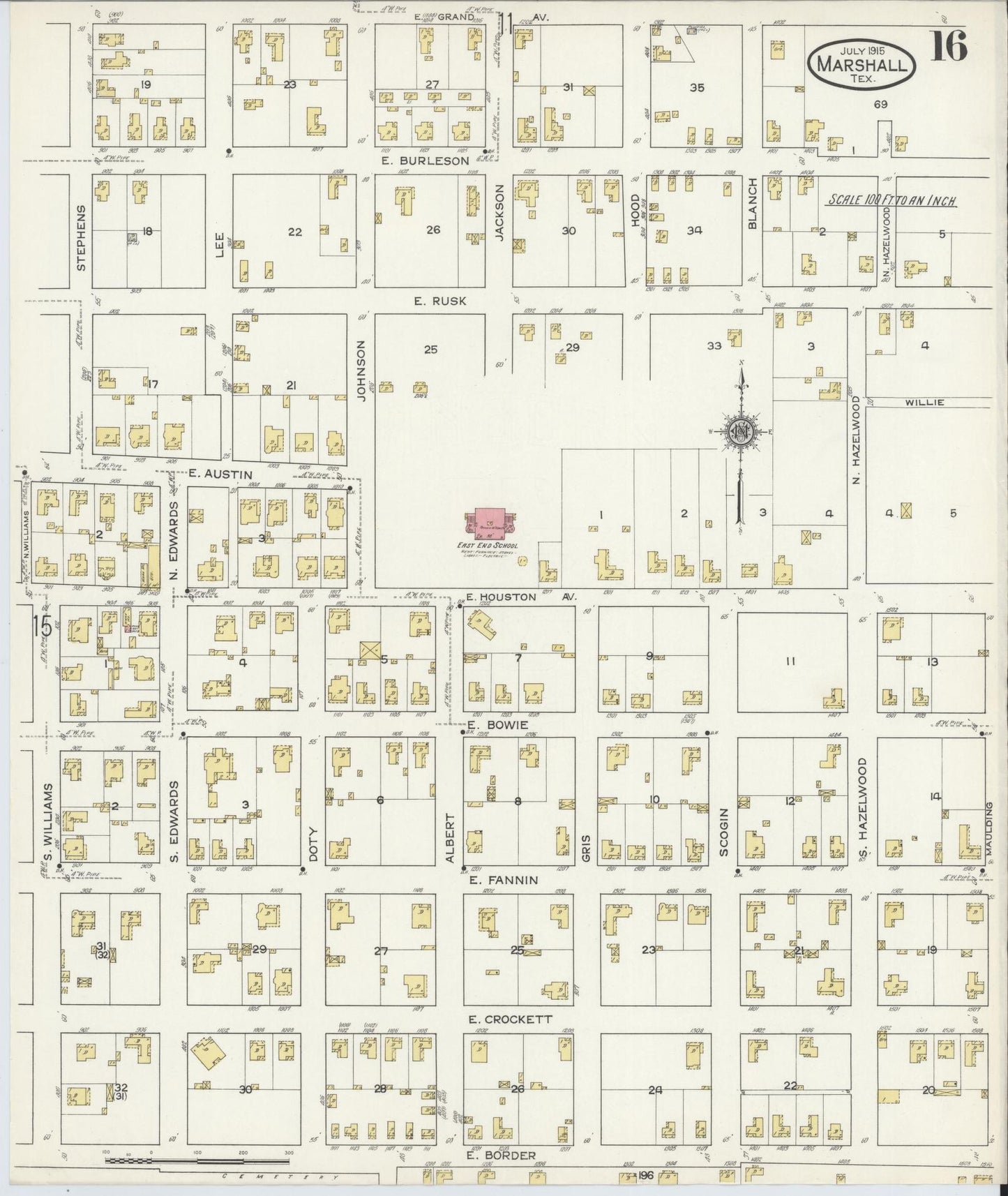 Sanborn Fire Insurance Map from Marshall, Harrison County, Texas (1915), Sheet #0016 - Historic Sanborn Fire Insurance Map Print, vintage old map wall art, antique decor, genealogy gift, Texas Texas map