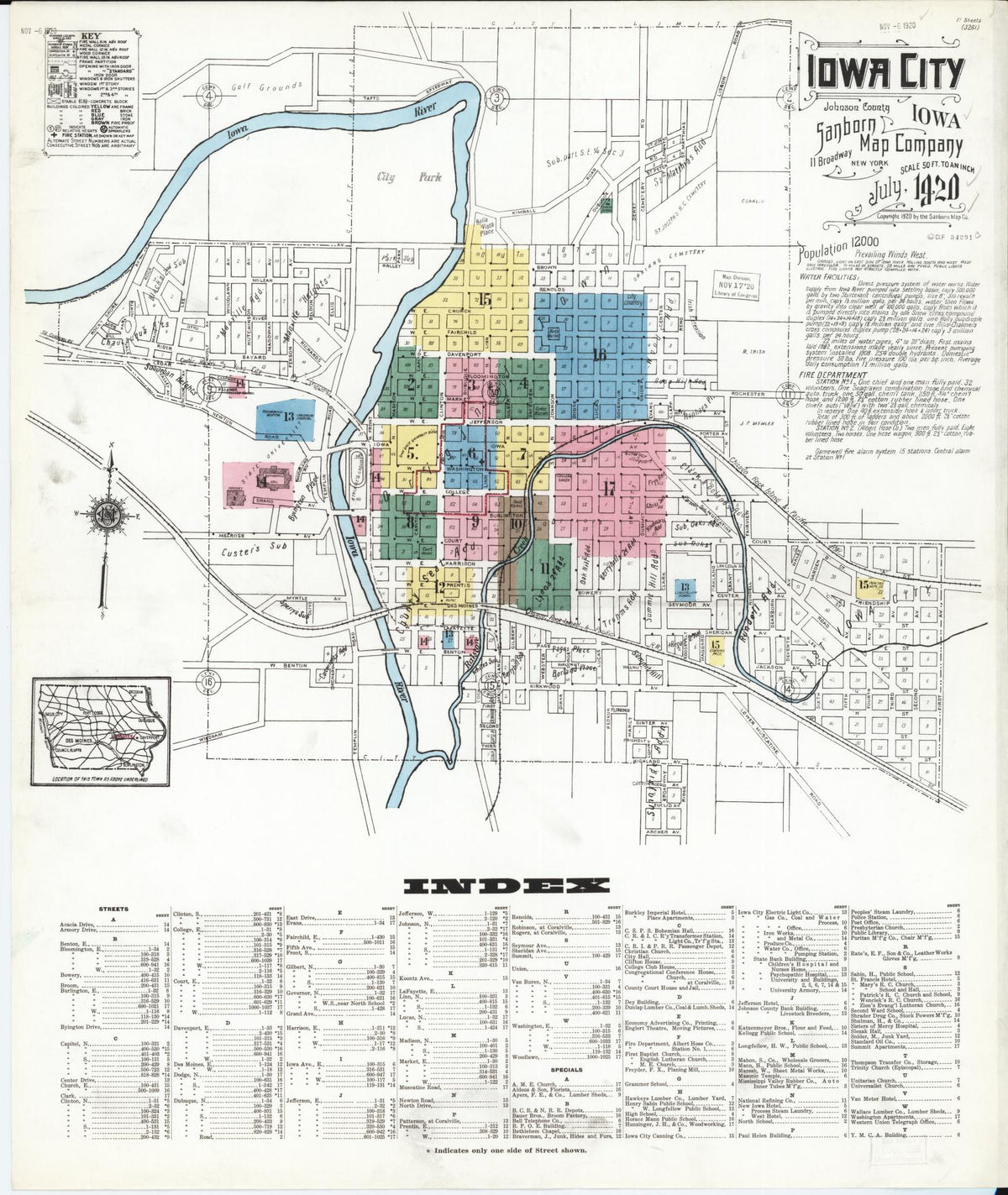 Sanborn Fire Insurance Map from Iowa City, Johnson County, Iowa (1920), Sheet #0001 - Historic Sanborn Fire Insurance Map Print