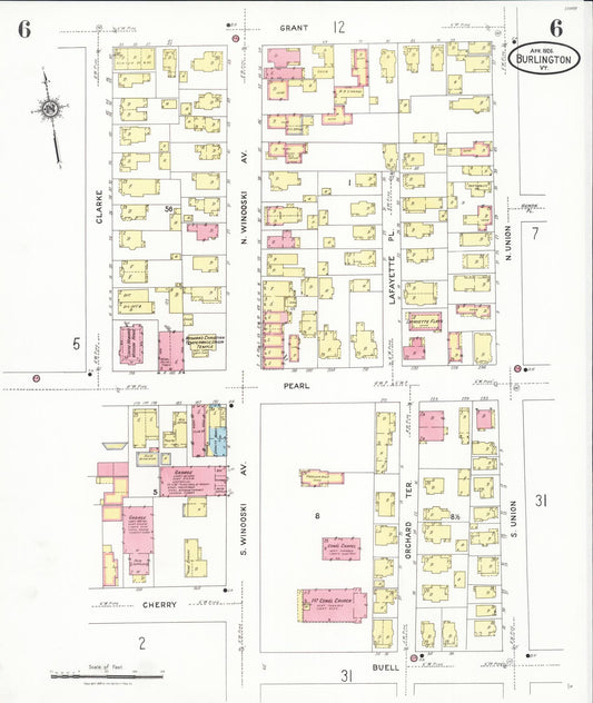 Sanborn Fire Insurance Map from Burlington, Chittenden County, Vermont (1926), Sheet #0006 - Historic Sanborn Fire Insurance Map Print, vintage old map wall art, antique decor, genealogy gift, Vermont Vermont map