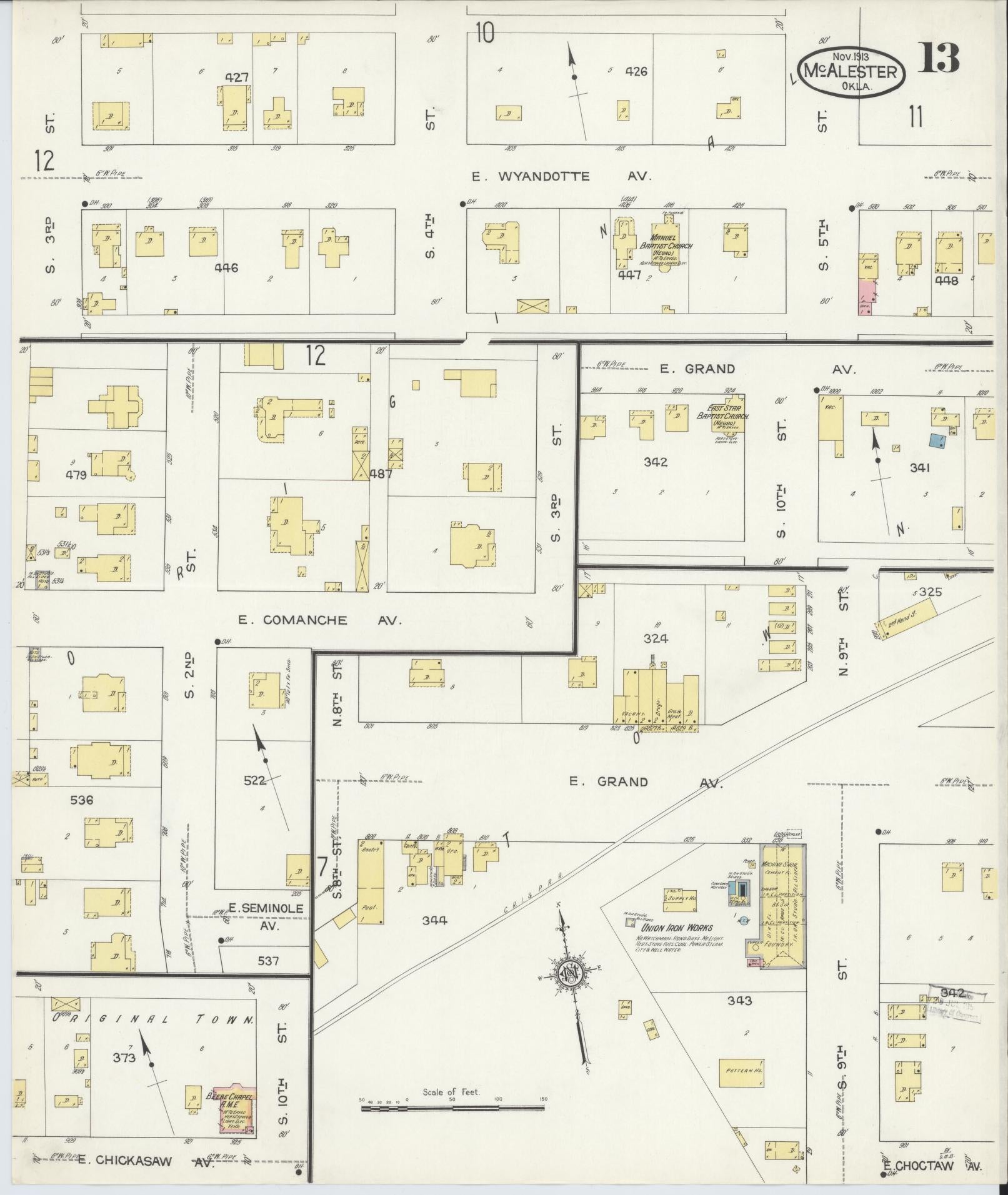 Sanborn Fire Insurance Map from McAlester, Pittsburg County, Oklahoma (1913), Sheet #0013 - Historic Sanborn Fire Insurance Map Print, vintage old map wall art, antique decor, genealogy gift, Oklahoma Oklahoma map