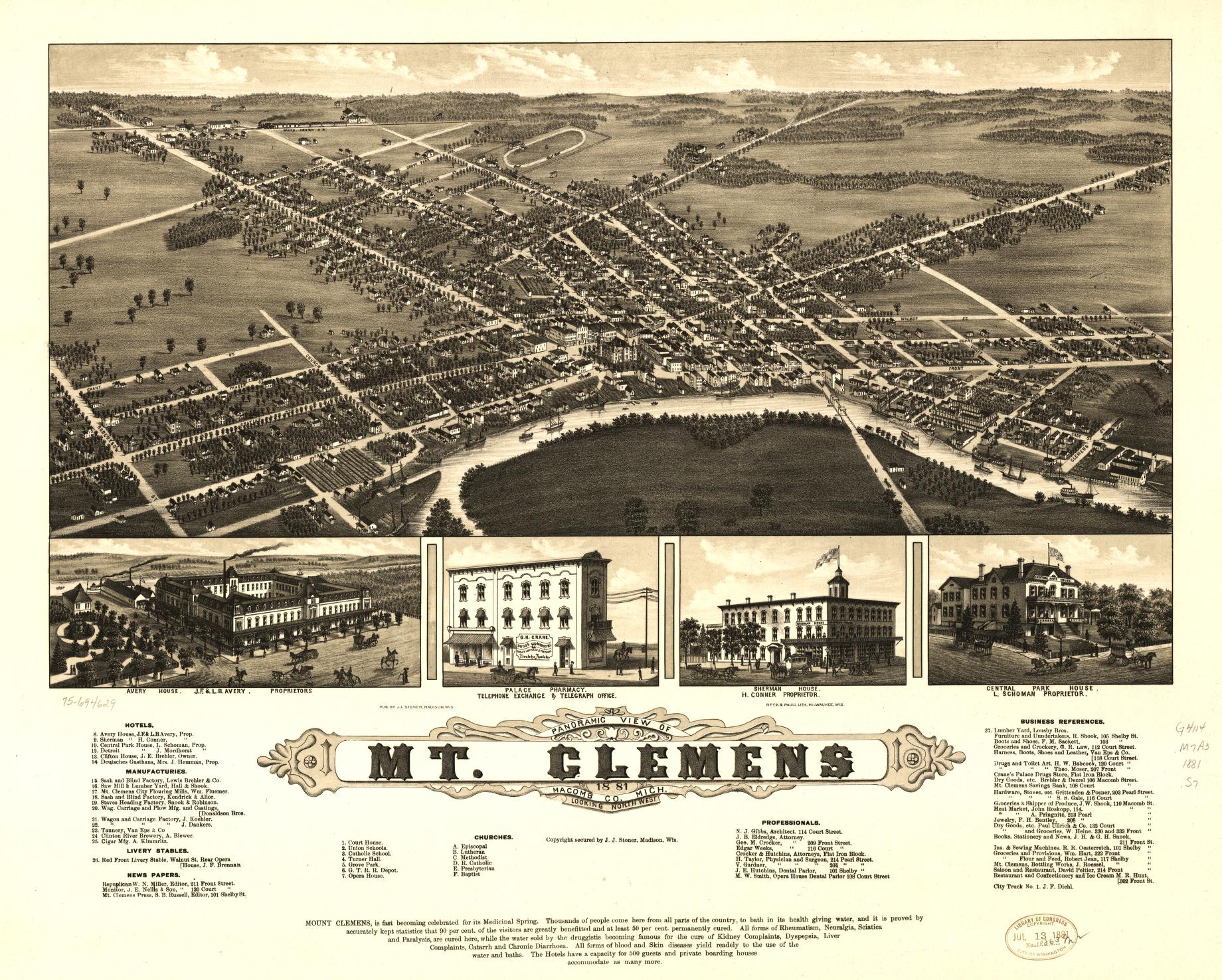 Panoramic view of Mt. Clemens 1881, Macomb Co., Mich. (1881) – Historic Bird’s-Eye View Panorama Print