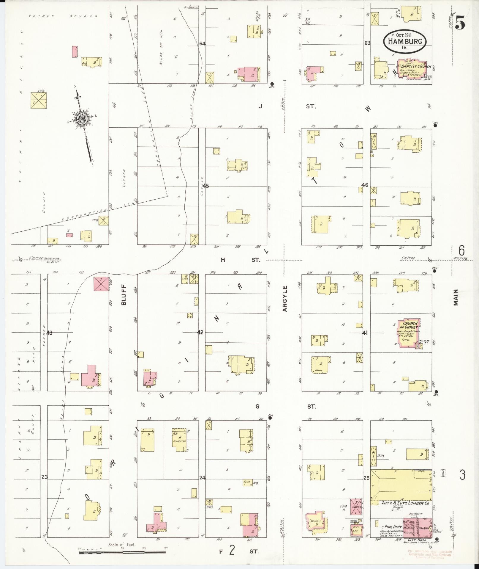 Sanborn Fire Insurance Map from Hamburg, Fremont County, Iowa (1911), Sheet #0005 - Historic Sanborn Fire Insurance Map Print, vintage old map wall art