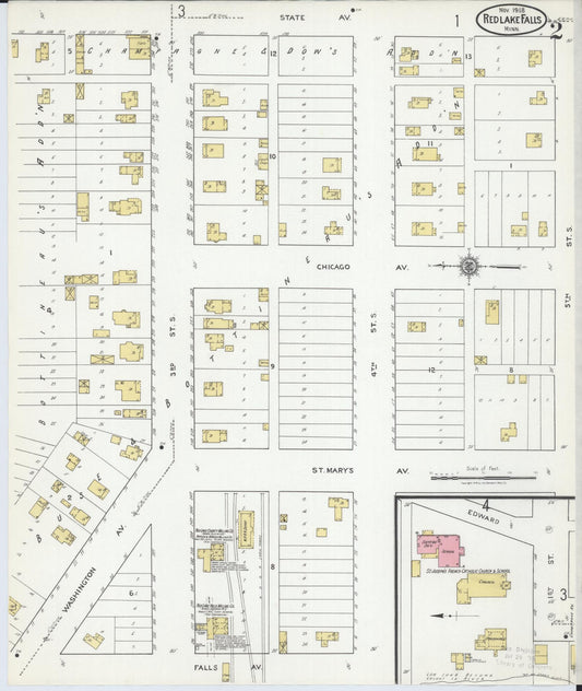 Sanborn Fire Insurance Map from Red Lake Falls, Red Lake County, Minnesota (1918), Sheet #0002 - Historic Sanborn Fire Insurance Map Print, vintage old map wall art, antique decor, genealogy gift, Minnesota Minnesota map